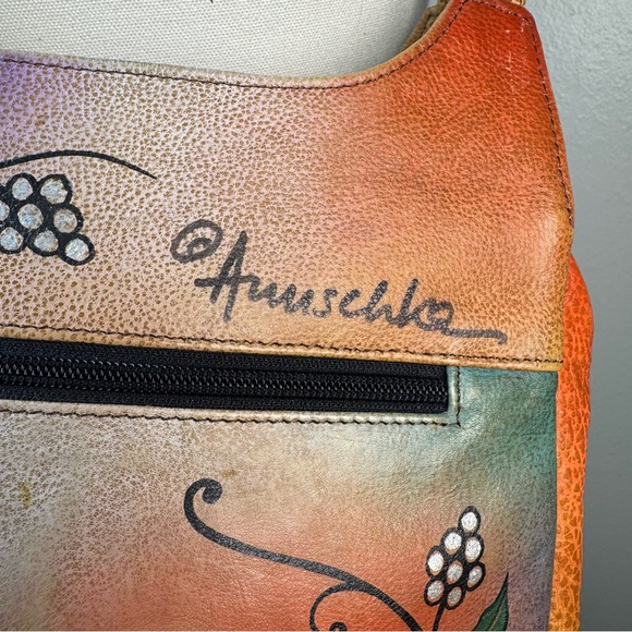ANUSCHKA Shoulder Bag Satchel Leather Hand-Painted Butterfly Floral Signature - Picture 4 of 16